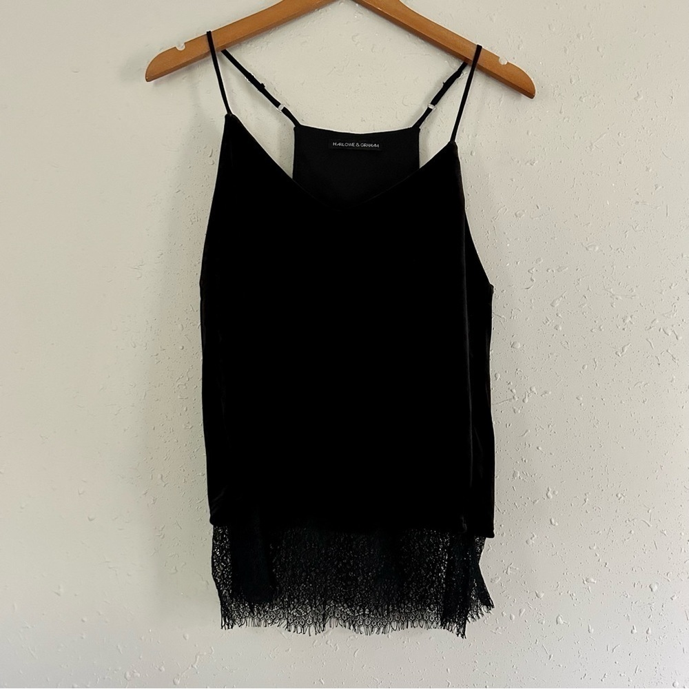 Harlowe and Graham Black Velvet Tank Top Blouse Camisole Lace Underlay Medium